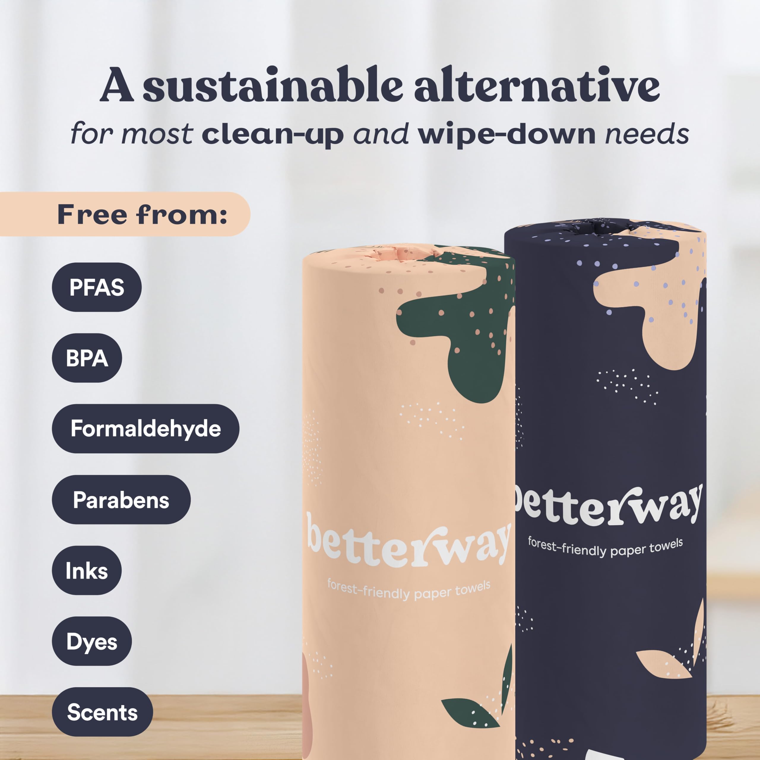 Betterway Bamboo Paper Towels - 6 Rolls, 2 Ply - Plastic Free, Disposable Kitchen Paper Towels - Select Size, Tree Free, Compostable, Strong & Absorbent, No Dyes - PFAS Free