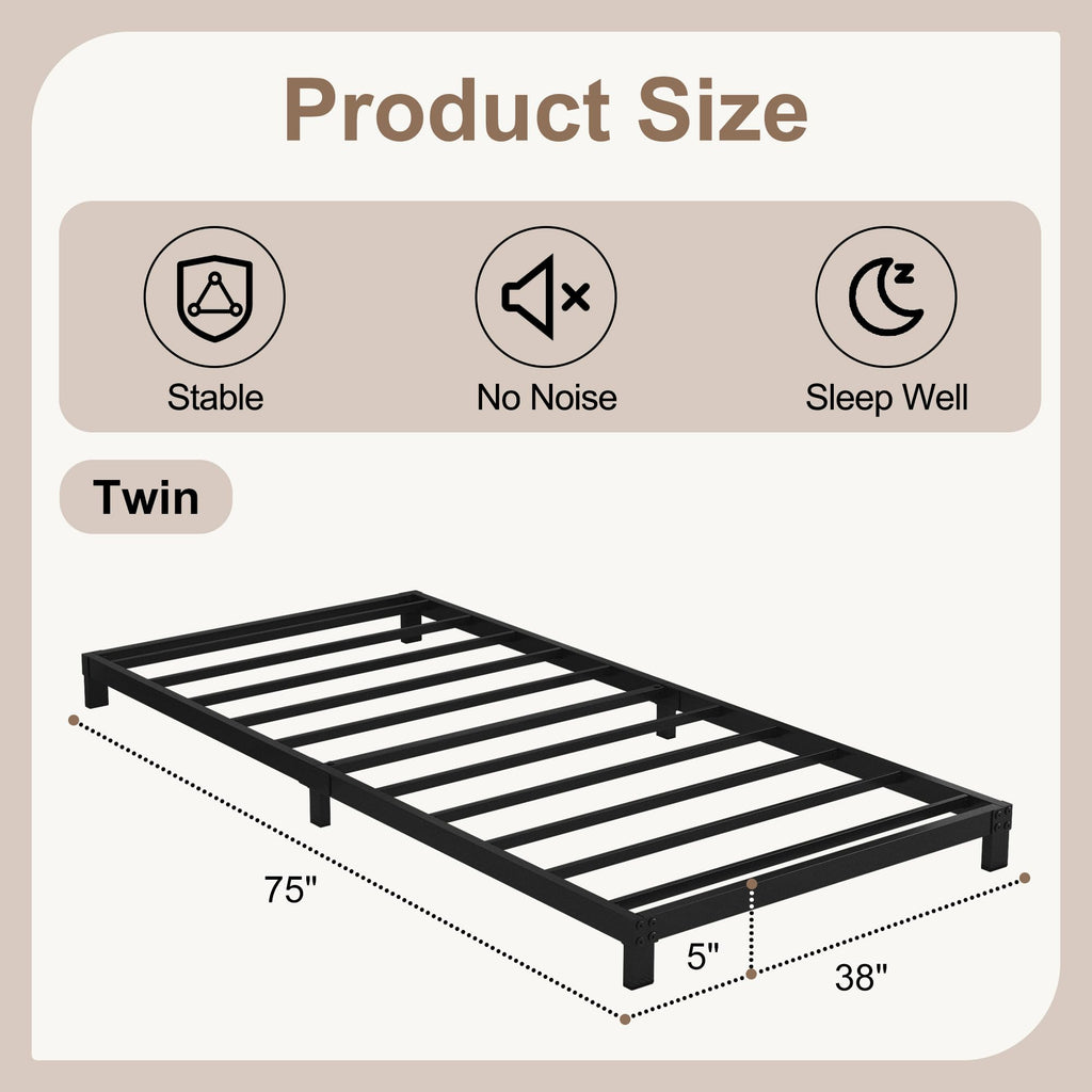 Cieemine 5 Inch Low Bed Frame Twin, Heavy Duty Steel Twin Bed Frames Low Profile, No Box Spring Needed, Easy Assembly, Noise Free, Black
