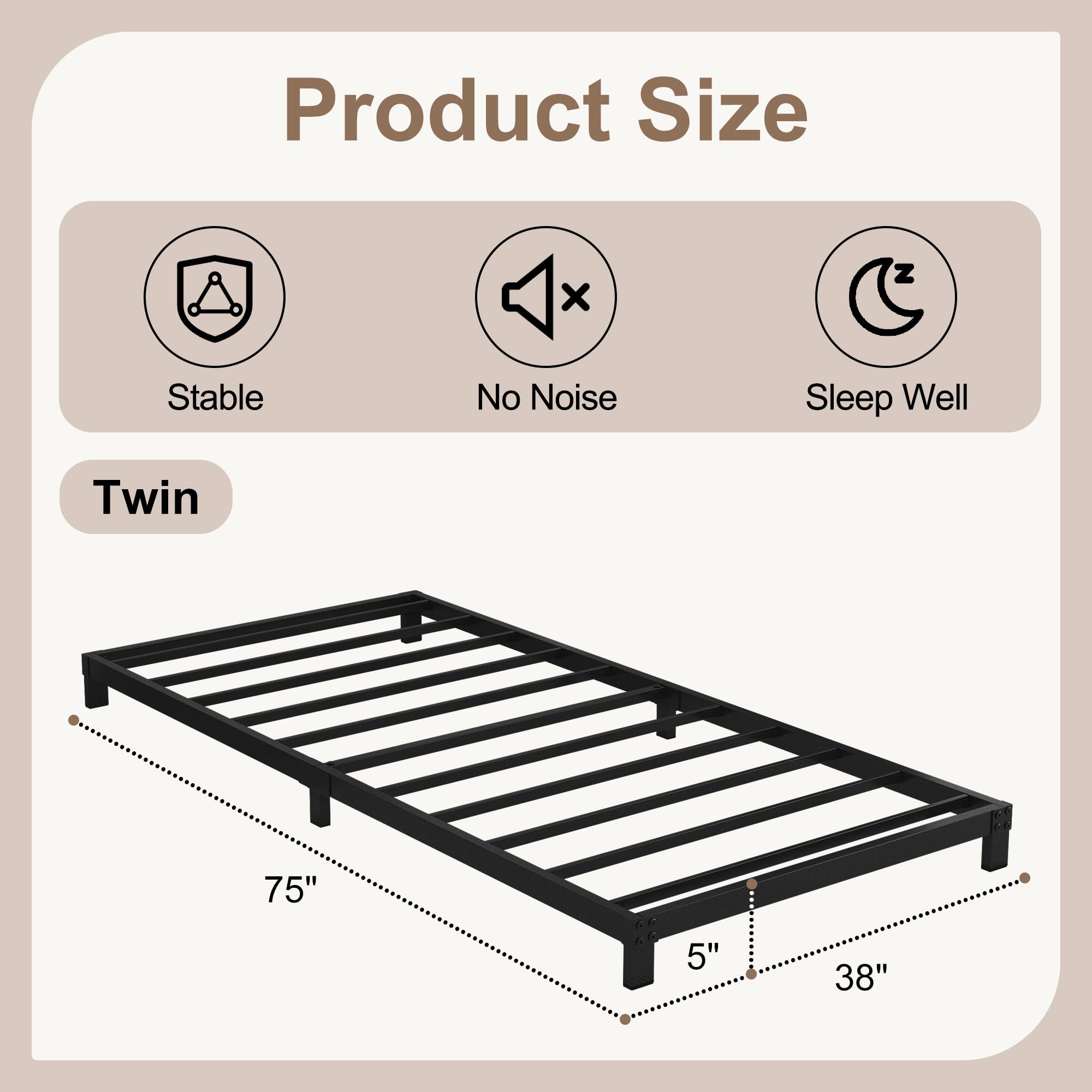 Cieemine 5 Inch Low Bed Frame Twin, Heavy Duty Steel Twin Bed Frames Low Profile, No Box Spring Needed, Easy Assembly, Noise Free, Black