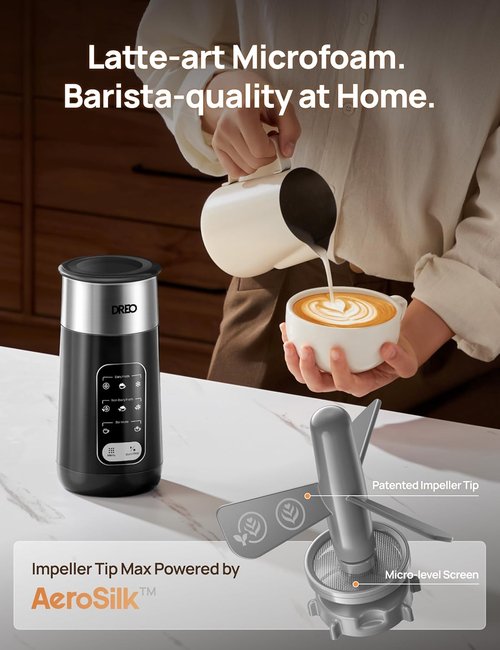 DREO Electric Milk Frother - 8-in-1 Stainless Steel for Latte Art & Coffee | 9oz/270ml, Easy Clean