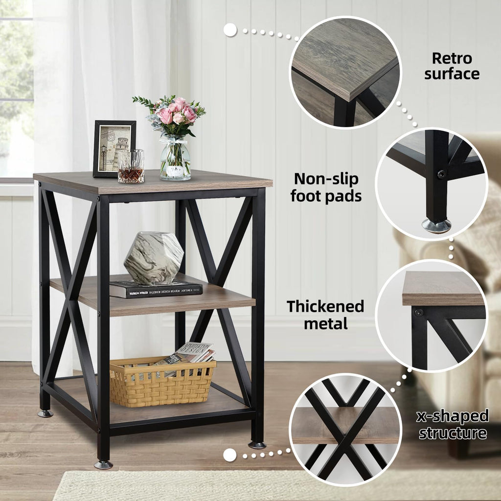 TooCust Square End Table with Storage Shelf, 16" D X 16" W X 24" H, 3-Tier End Table Living Room, Rustic Brown End Tables, X-Shaped Night Stand for Bedroom, Farmhouse Wood End Tables, Grey