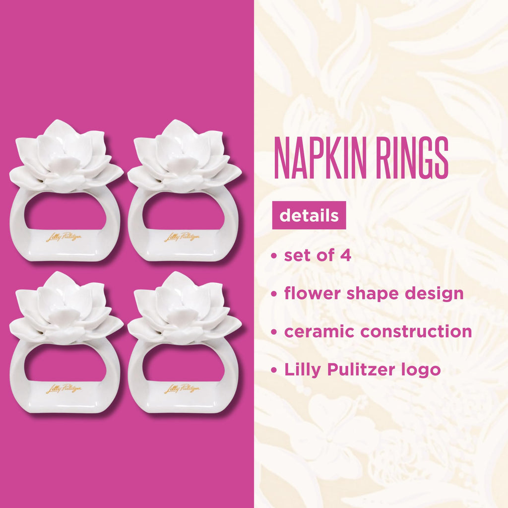 Lilly Pulitzer Ceramic Napkin Rings, Flower Table Setting Accessories, White Napkin Holder Rings, Set of 4, Flower