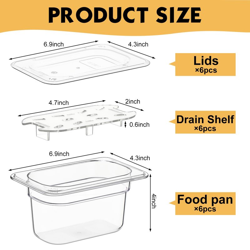 Sunnyray 6 Set 1/9 Size Polycarbonate Food Pans with Lids and Drain Shelf Deep Square Food Storage Containers for Kitchen Restaurant Fruit Vegetable Storage