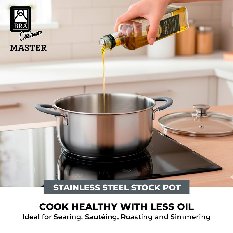 BRA COOKWARE Master Stainless Steel Stock Pot w/Glass Lid | 8 Inch 2.4 Quart Premium 18/10 Cooking Pot | PFAS Free Deep Pot | Silicone Coated Handles | All Cooktops (incl. Induction) | Shiny Finish
