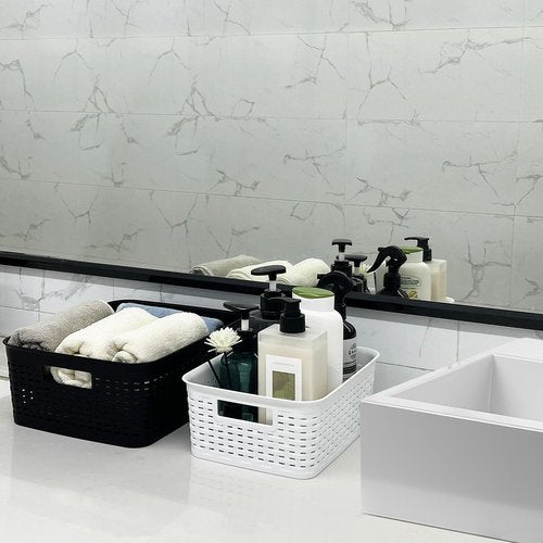 Soddeph Plastic Storage Baskets for Cabinets, Household Pantry Organization with Handle,Organizer Bins for Room,Bathrooms,Under-Sink,Kitchen (White, L-3PACK)