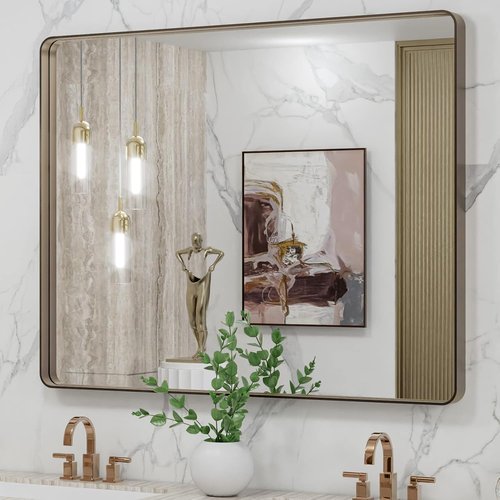 LOAAO Bronze Bathroom Mirror - 40”X32” Rounded Rectangle with Anti-Rust Brushed Metal Frame | Versatile Hanging Options