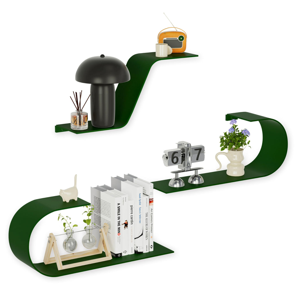 BUTUNITA Green Floating Shelves Set of 3, Green Metal Decor, Unique Mounted Floating Shelf, Modern Long Wall Shelf, Large Wall Shelves for Bedroom, Bathroom, Living Room