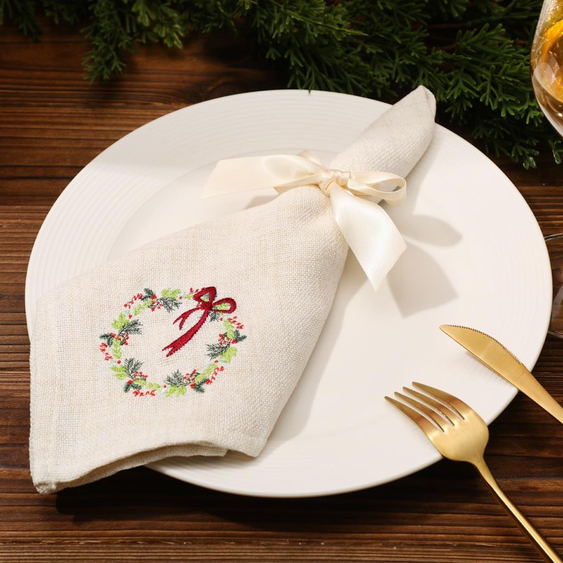 SmoothNovelty 6 Pcs Christmas Cloth Napkins Xmas Linen Dinner Napkins 18 x 18 Inch Soft Embroidered Linen Square Fabric Merry Christmas Wreath White Handkerchief for Wedding Holiday Dining Gifts