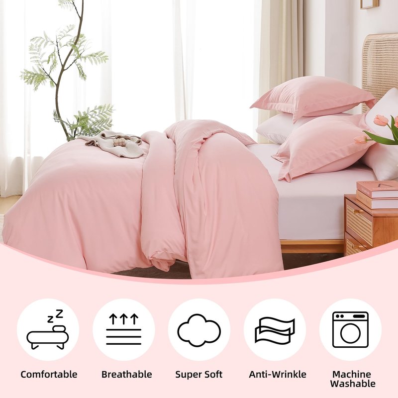 Whitney Home Textile Rose Pink Duvet Cover Set Twin Size - 2 Piece Luxury Soft Cooling Duvet Cover with Zipper Closure and Pillow Sham, Breathable Washed Brushed Microfiber, Comforter Not Included