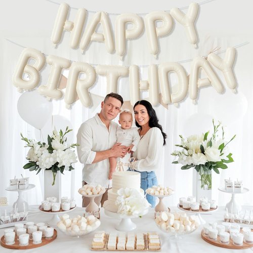 Happy Birthday Balloon Banner by Cream - Neutral Beige Foil Balloons | 16 Inch Ivory White Party Decor