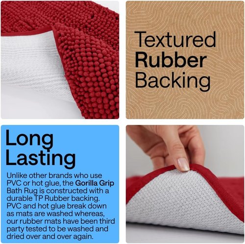 GORILLA GRIP Bath Rug Mat - Soft Absorbent Chenille | Quick Dry Microfiber, 36x24, Red