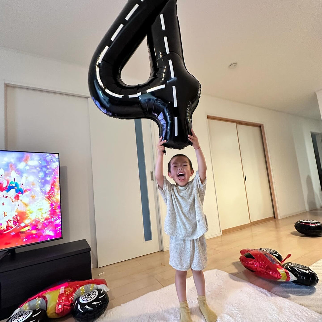 Race Car 4 Balloon - 40 Inch Number Balloon for 4th Birthday Party Decorations | Black Racecar Theme