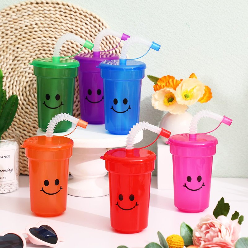 Mumufy Kids 12 oz Neon Cups Bulk Laugh Face Neon Colorful Plastic Cups Reusable Summer Birthday Supplies Kids End of the Year Present for Students(48 Pcs)