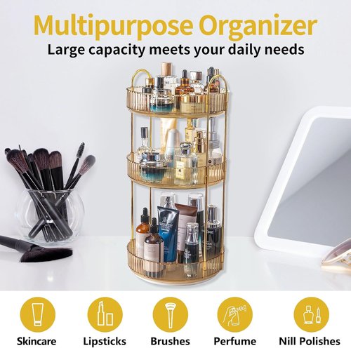 Asayuee 360° Rotating Makeup Organizer - Large Capacity 3-Tier Vanity Storage in Gold