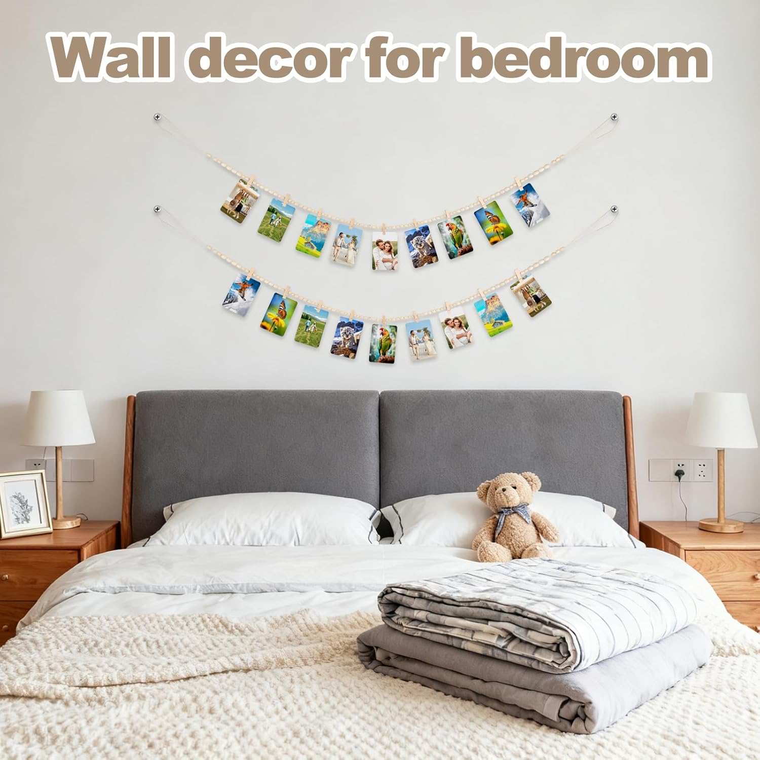 Skiennix Hanging Photo Display - Boho Wooden Bead Garland Wall Decor with 9 Clips | Ideal for Bedroom, Living Room, Dorm & Office