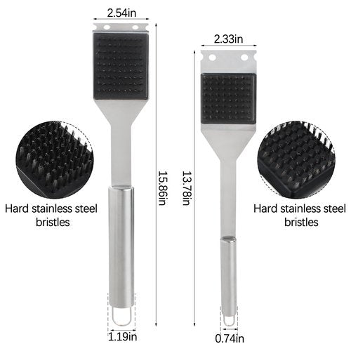 2 Pack Grill Brush and Scraper, 16" & 14" Stainless Steel Handle BBQ Cleaner - Heavy Duty Grate Cleaning Tool for Outdoor BBQ, Cookout, Gas/Charcoal Grills
