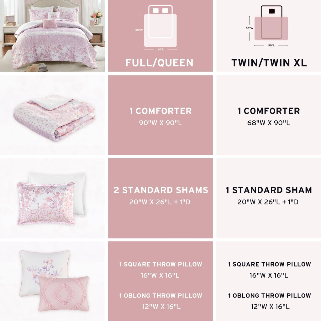 Intelligent Design Queen Comforter Set, Romantic Floral & Paisley, Solid Reverse, Microfiber Lightweight All Seasons Down Alternative Bedding, Sham & Décor Pillows, Oliena, Full/Queen Pink 5 Piece