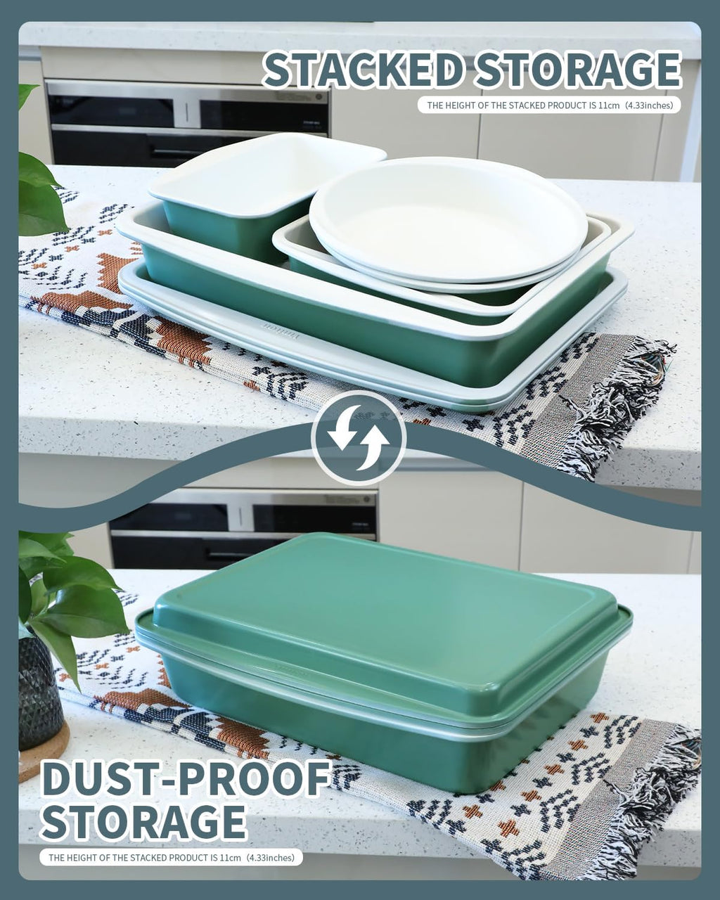 Skiennix Ceramic Nonstick Baking Pans Set - 33 PCS Stackable Bakeware, 550°F Oven Safe, Dishwasher Safe, Green