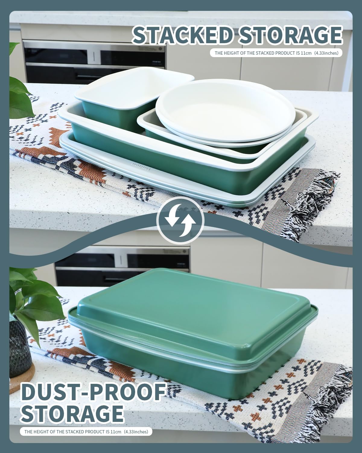 Skiennix Ceramic Nonstick Baking Pans Set - 33 PCS Stackable Bakeware, 550°F Oven Safe, Dishwasher Safe, Green