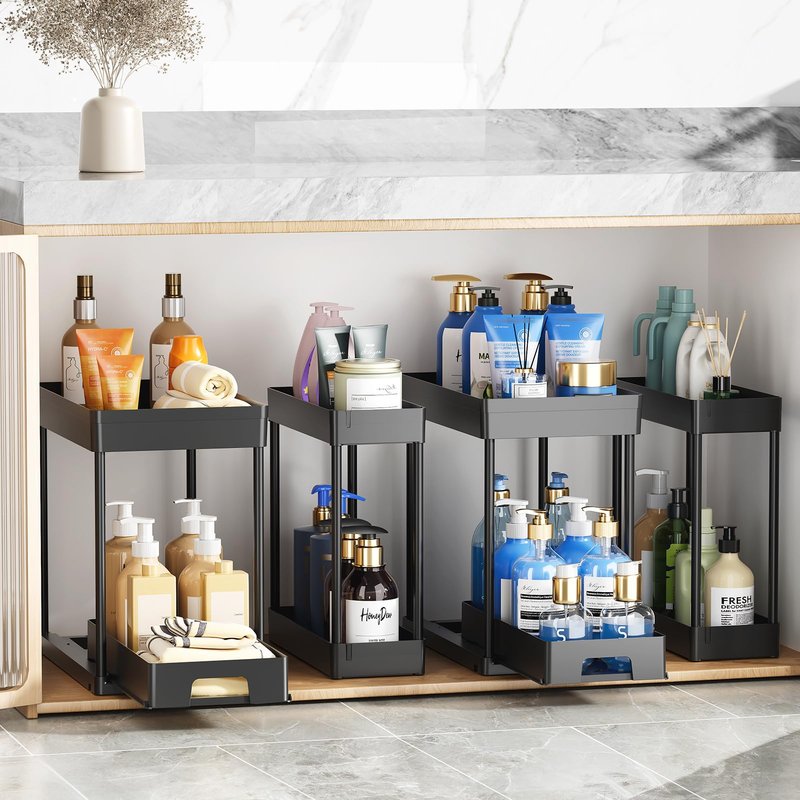 Delamu 3 Pack Under Sink Organizers and Storage, 2 Tier Black Bathroom Cabinet Organizer, Multi-Use Kitchen Bathroom Organizers and Storage, Under Counter Organizer with Hooks