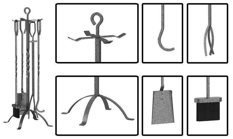 Fire Beauty 5 Pieces Fireplace Tools Sets Fireplace Accessories Tools Holder with Handles Tools for Indoor Fireplace Decor Outdoor Fire Pit Modern Tool(Pewter)