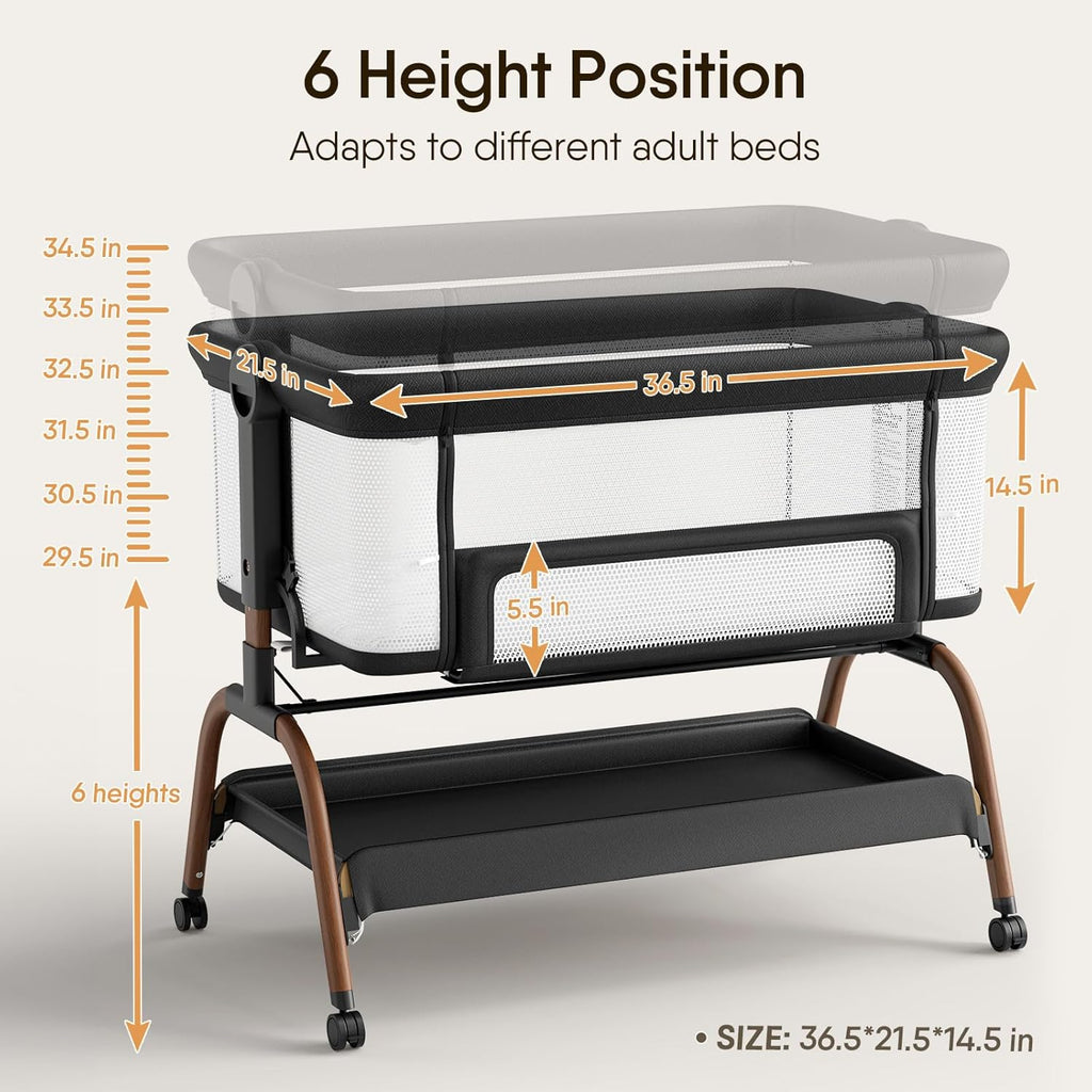 Skiennix Baby Bassinet - 3-in-1 Bedside Sleeper with Adjustable Height & Full-Mesh Sides for Newborns