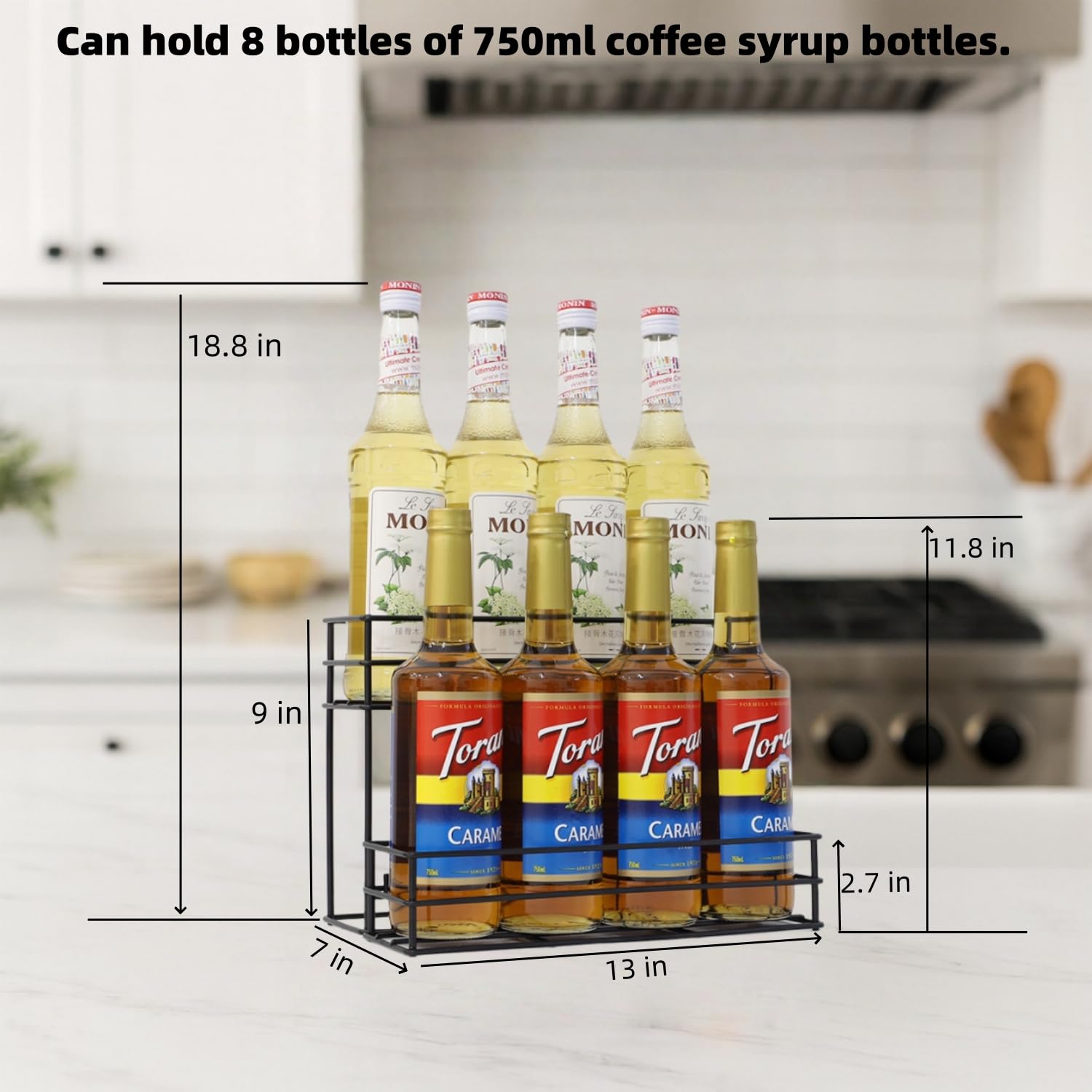 onneka Coffee Syrup Rack & Syrup Holder – Loved by 5,000+ Coffee Fans! 2-Tier Rustproof Rack, Fits 750ml Torani & Monin Bottles, Elevate Coffee Bars, Kitchens, Pubs, Restaurants & Parties (8 bottles)