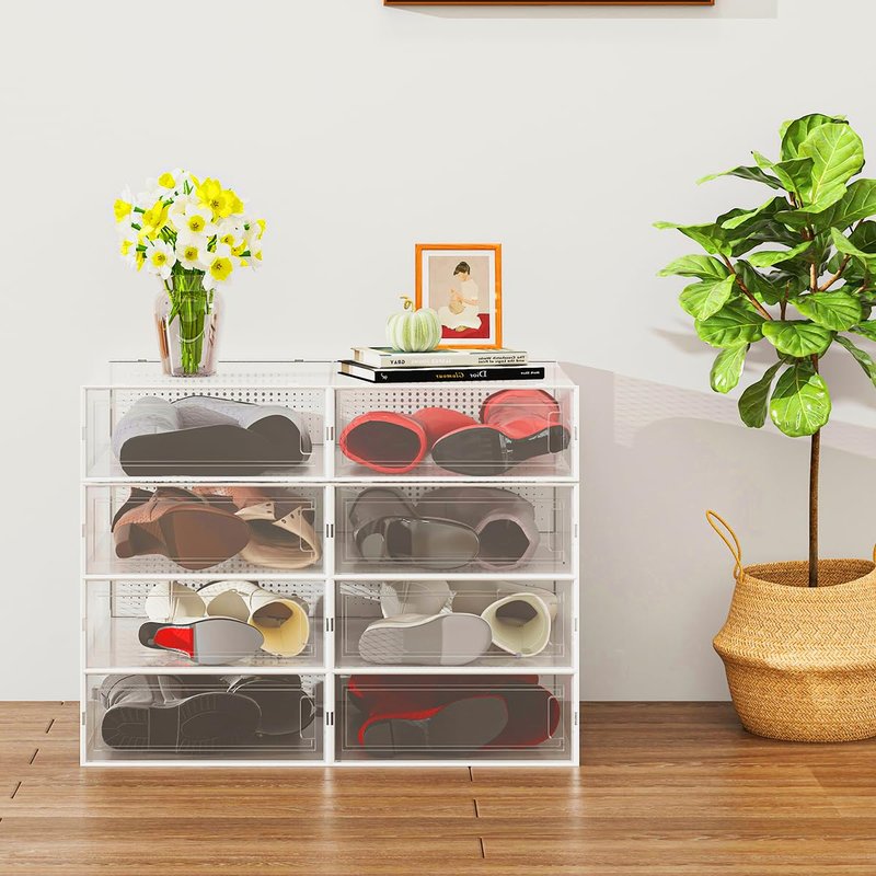 WAYTRIM Modern Clear White Foldable Boots Storage Box, 8 Pack Plastic Shoe Container, 20.5" x 11.8" x 5.5" - Large Capacity, Anti-Dumping, Transparent, Stackable, Ventilated