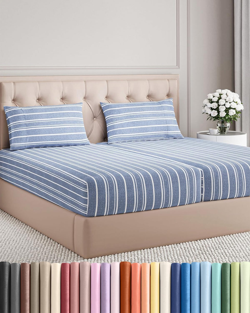 Split King Size 5-Piece Sheet Set - Comfy Cooling Bed Sheets - Luxury Hotel Quality - Deep Pockets - Blue Stripes
