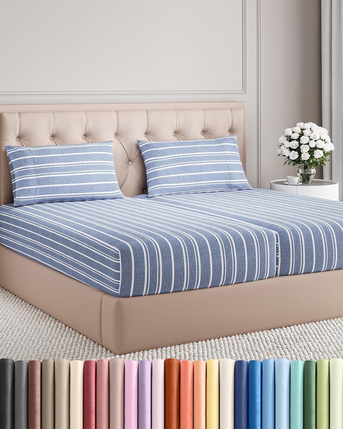 Split King Size 5-Piece Sheet Set - Comfy Cooling Bed Sheets - Luxury Hotel Quality - Deep Pockets - Blue Stripes