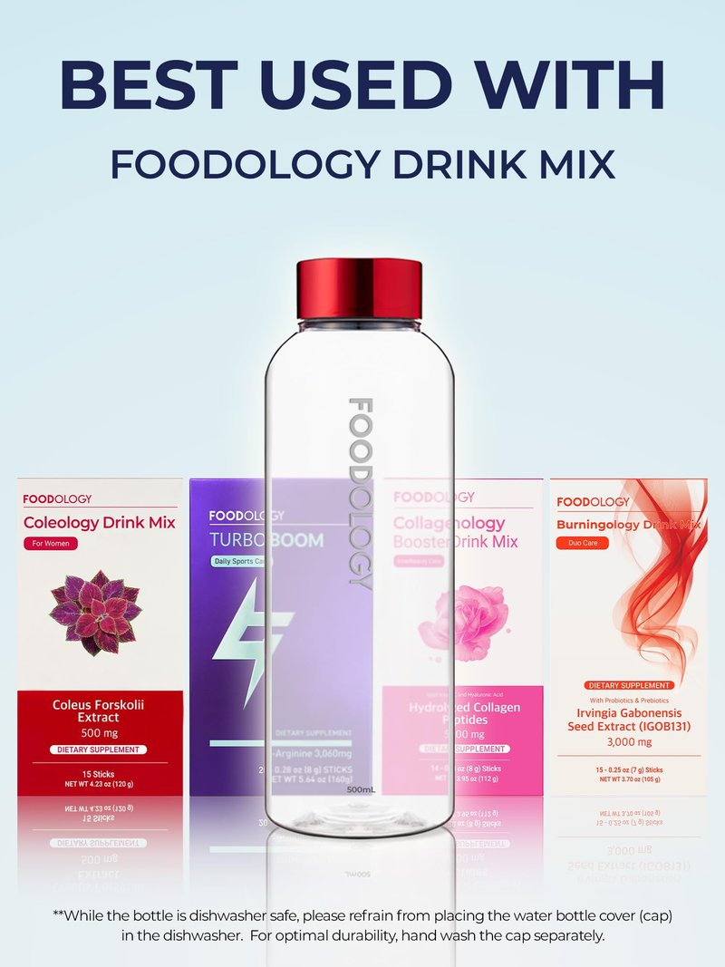 FOODOLOGY Bottle for Drink Mix (Red, 16.9fl oz) - Leak Proof, Lightweight, Durable Sports Water Bottle. Reusable for Gym, Outdoor, Travel. BPA Free, Clear Beverage Container with Marker