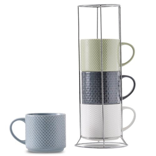 Tikooere Stackable Coffee Mugs with Stand, 15 Ounce Ceramic Embossed Mugs Set of 4 for Coffee, Latte, Tea, Cute Porcelain Cups for Christmas Gift, Dishwasher & Microwave Safe, Multi Color