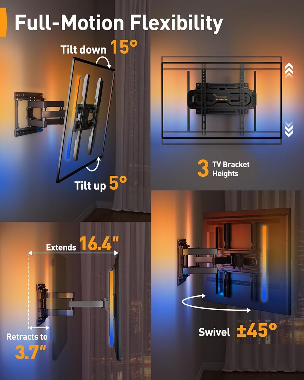 Perlegear AuraFrame™ TV Wall Mount - Pre-Assembled with LED Lights for 26-65 Inch TVs, Swivel & Tilt, Max VESA 400x400mm