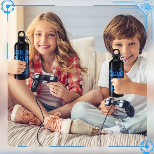 SiliFine 24 Pcs 17oz Gaming Water Bottle Sports Insulated Water Bottles with Hook Clip Funny Quotes Aluminum Gamer Iced Coffee Travel Mug for Birthday Video Game Party Favors (Black)