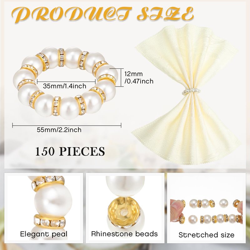 Tanlade 150 Pcs Wedding Pearl Napkin Rings Imitation Pearl Beaded Napkin Rings Holder Silver White and Gold Elastic Dinner Table Decor Rhinestone Serviette Rings for Table Party Decorations