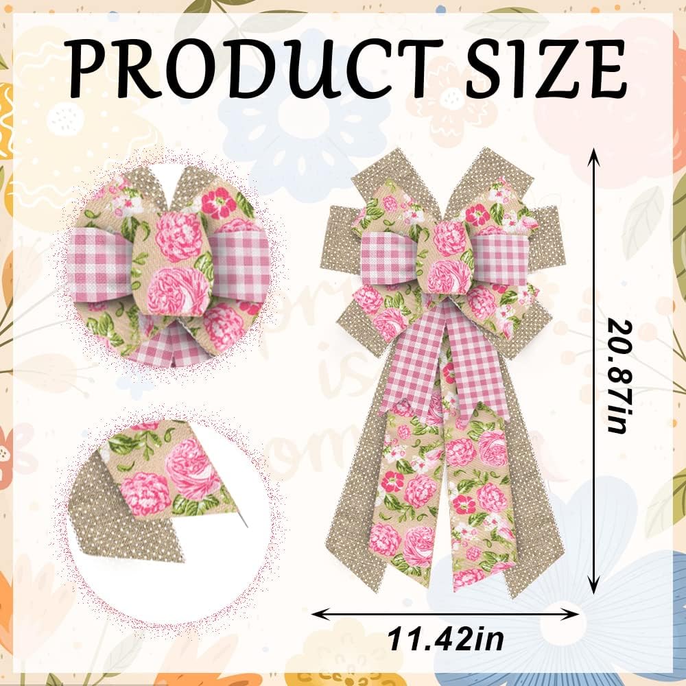 Skiennix Large Spring Wreath Bow - Pink Roses & Burlap Design | Retro Floral Decor for Indoor/Outdoor Use
