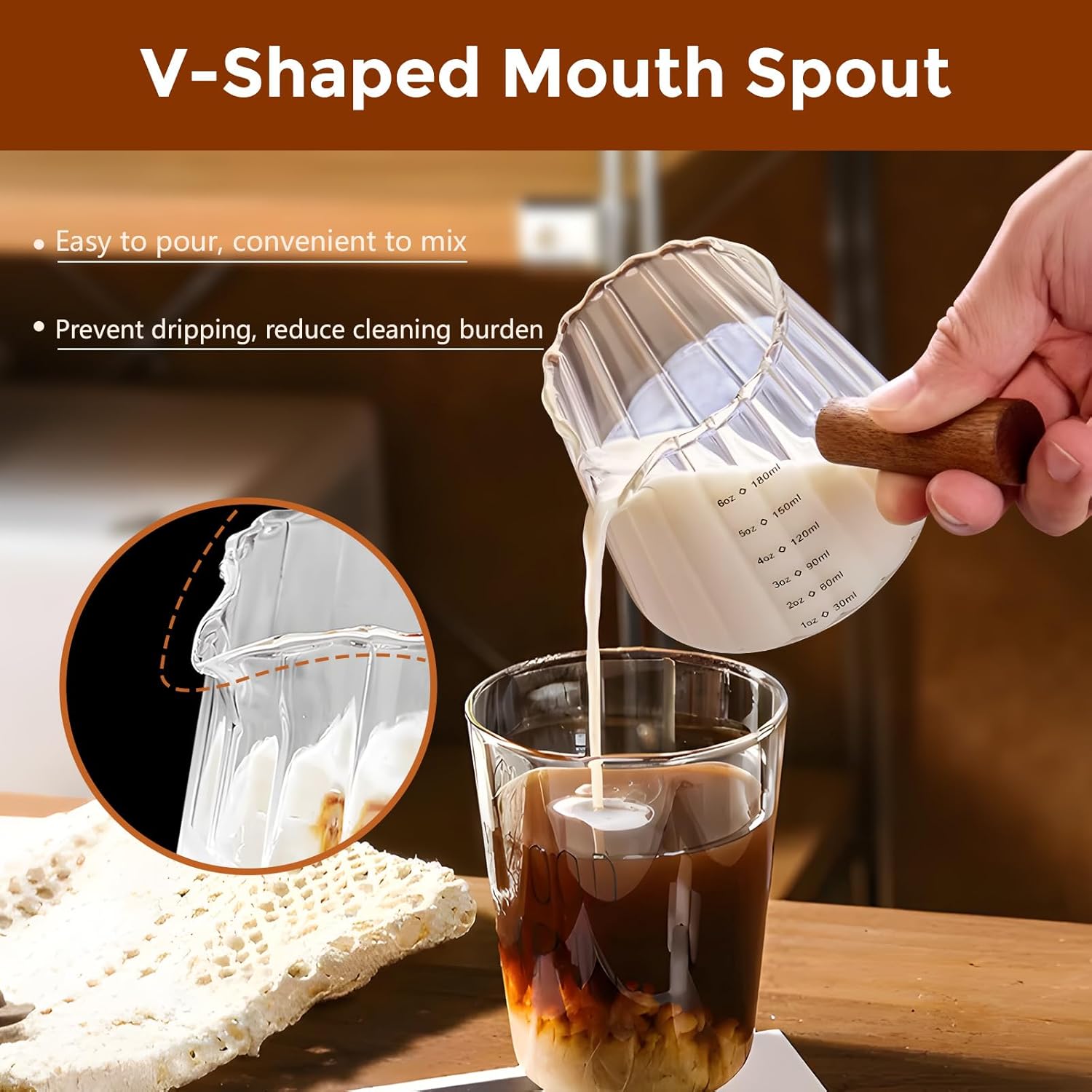 YARRAMATE Glass Measuring Cup - 6 oz/180ML with Wooden Handle | Ribbed Design for Easy Pouring