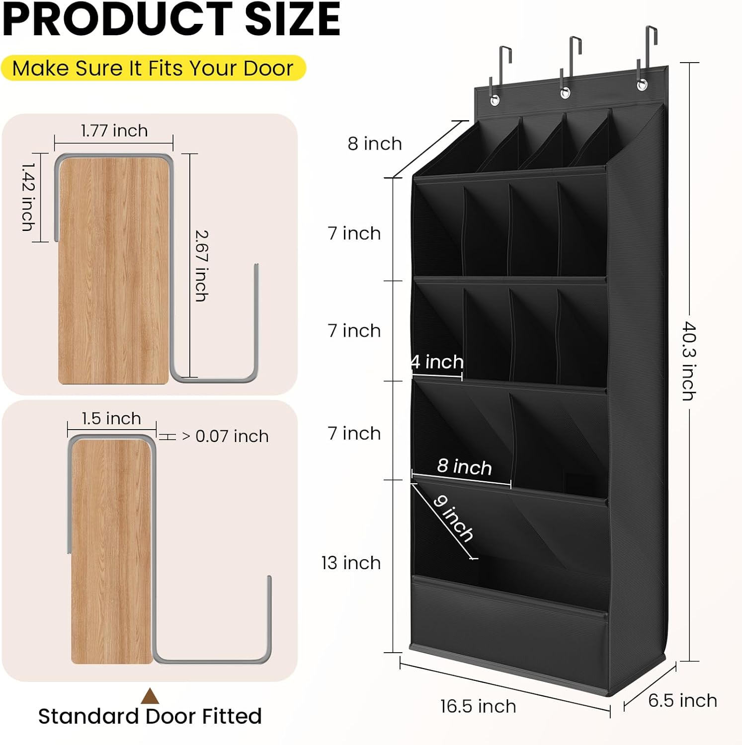 Skiennix Over The Door Shoe Organizer - 18 Pairs Capacity with Large Breathable Pockets | Black
