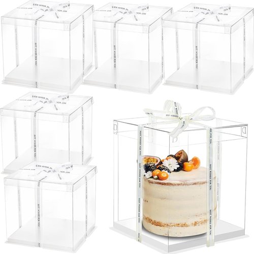 NROZIET 6 Pack Clear Cake Box, 2-Layer Transparent Cakes Box with Ribbon, 10" X 10" X 9" Tall Cake Carrier Boxes with Sturdy Board for Bakery Dessert Bread Pastry Birthday Parties, Wedding Graduation