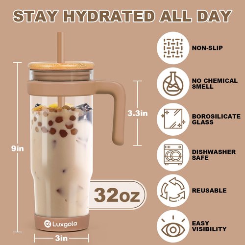 Luxgola 32 oz Glass Tumbler with Handle, Iced Coffee Cup with Bamboo Lid and Straws, Reusable Clear Glass Water Cup With Silicone Bumper - Fits in Car Cup Holder, Dishwasher Safe, BPA Free - Khaki