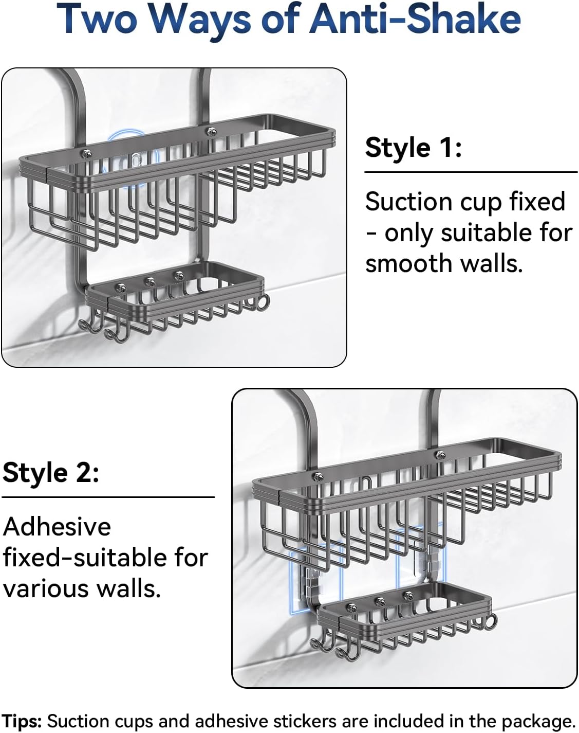 YASONIC Shower Caddy - Rust-Proof Aluminum Organizer with 10 Hooks & Soap Basket - Grey