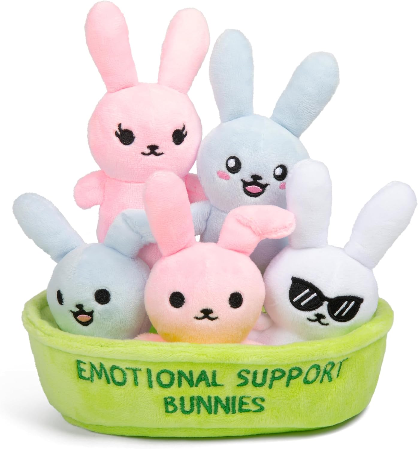 WHAT DO YOU MEME? Emotional Support Bunnies - Cuddly Plush Stuffed Animals | Set of 5 with Basket