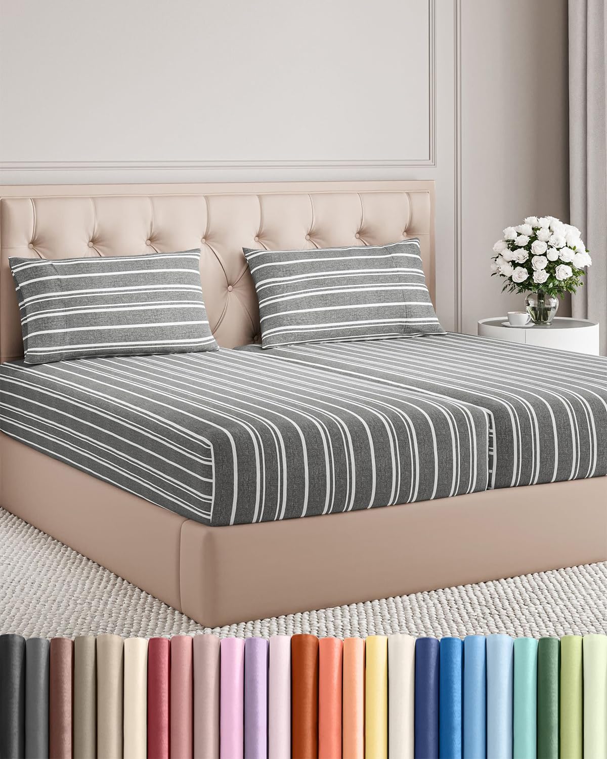 Split King Size 5-Piece Sheet Set | Comfy Breathable Cooling Bed Sheets - Luxury Hotel Quality - Grey Stripes