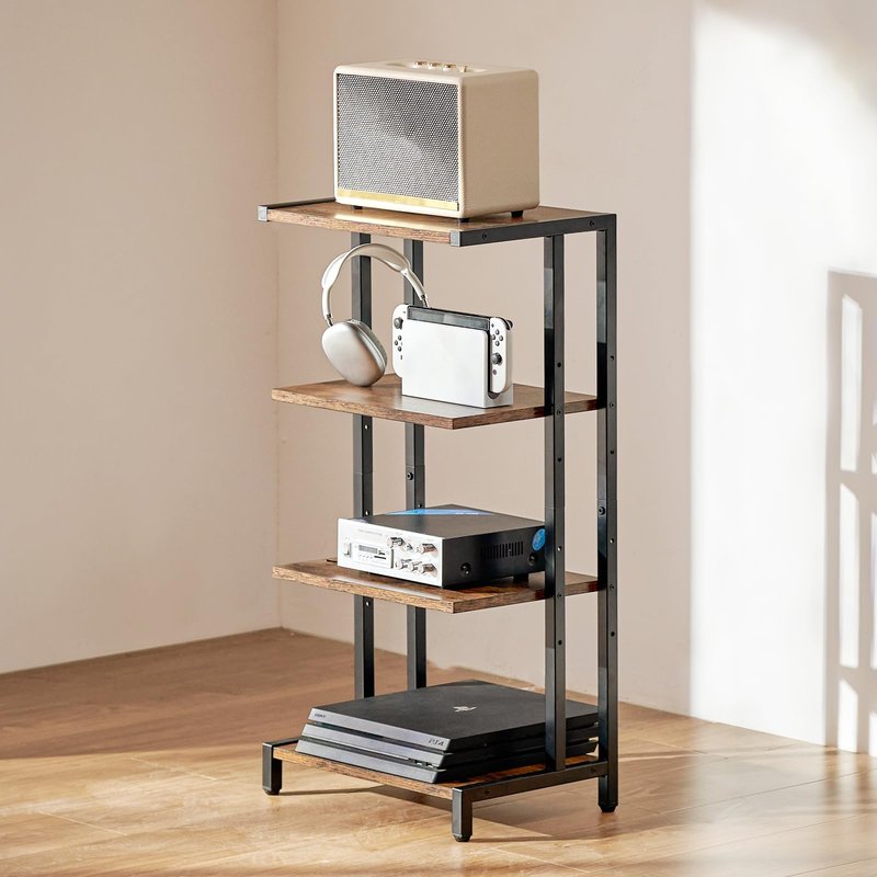 VEVOR 4-Tier AV Media Stand, Corner TV Stand, Height Adjustable Wooden Shelves for DVD Players/Cable Boxes/Games Consoles, Brown