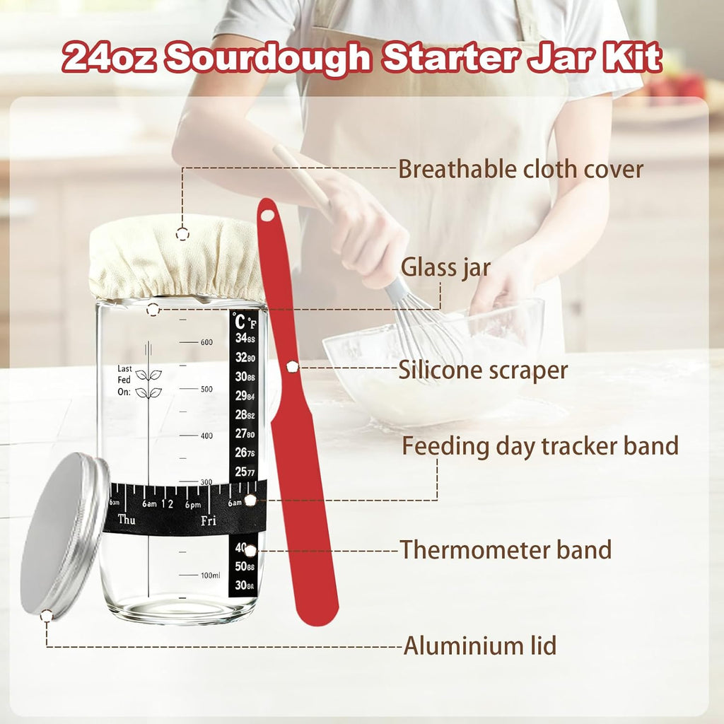 Skiennix Sourdough Starter Kit - Complete Baking Supplies with Scale, Glass Jar & Proofing Basket
