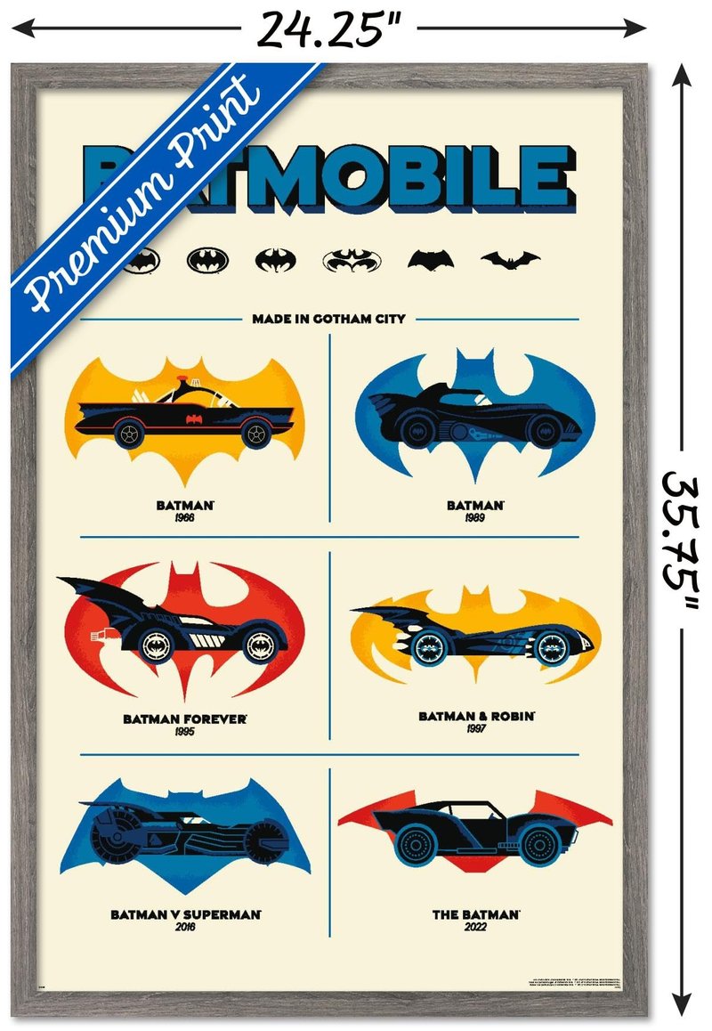 DC Comics Batman: 85th Anniversary - The Batmobiles Logos Wall Poster, 34L" x 22.4W", Barnwood Framed Version