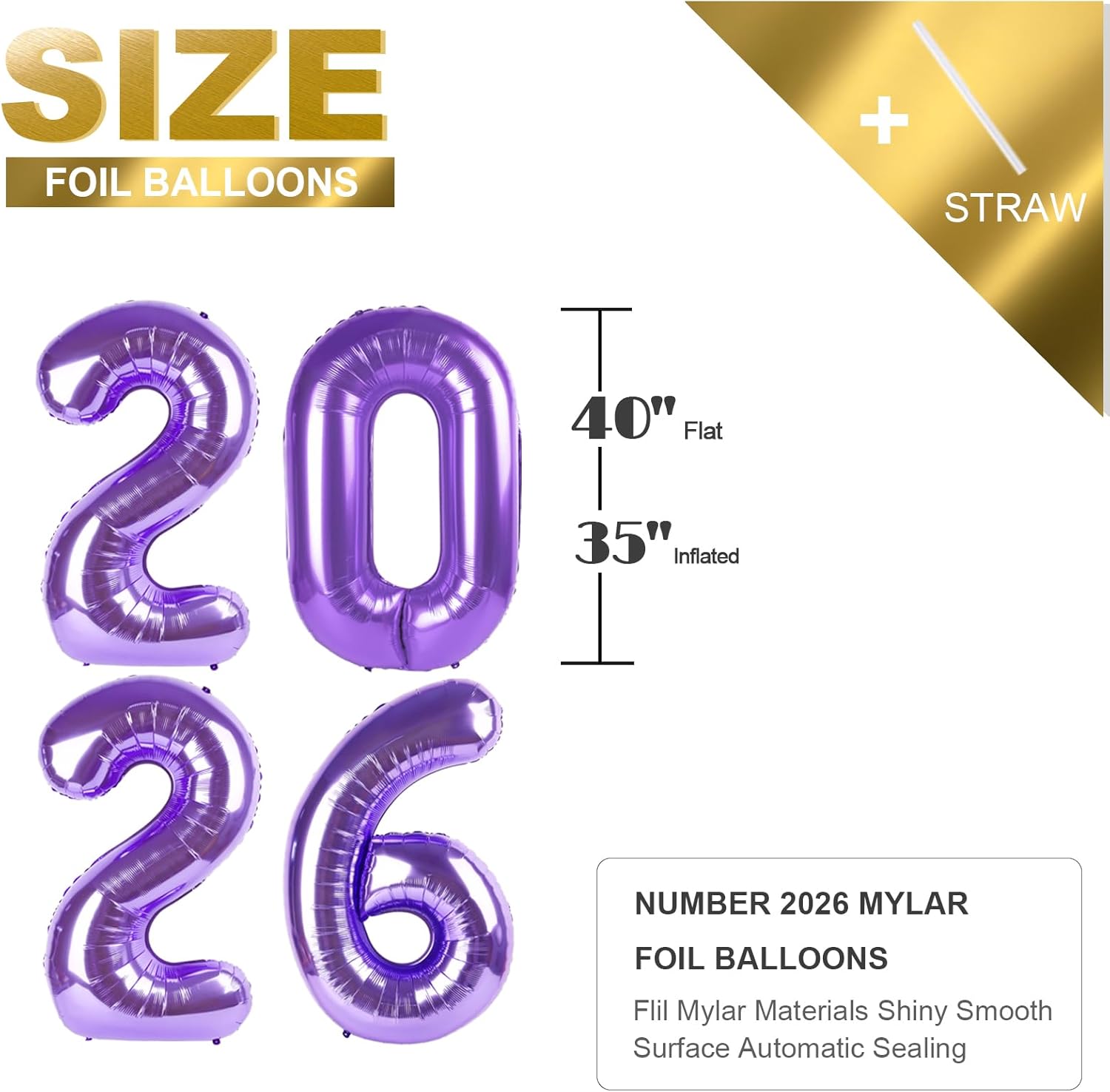Purple 2026 Number Balloons - 40 Inch New Year's Eve Party Decorations | Graduation & Birthday Supplies