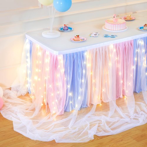9FT Rainbow Tulle Table Skirt for Rectangle or Round Tables Ruffle Tulle Tutu Cloth Desk Table Skirt with LED Lights for Birthday Party Baby Shower Gender Reveal Cake Dessert Decorations