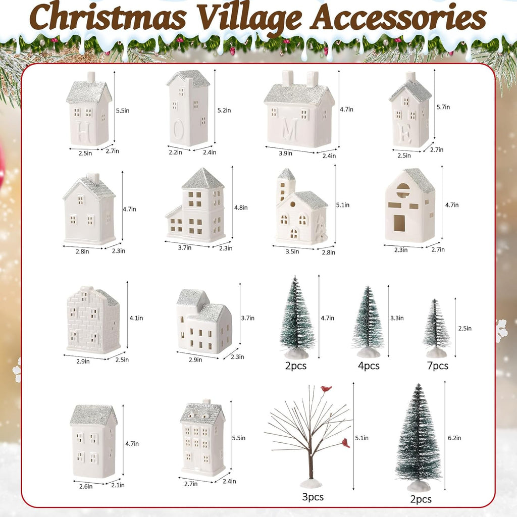 Zubebe Christmas Village Set - 30 Pcs LED Porcelain Holiday Houses | Silver Indoor Decor