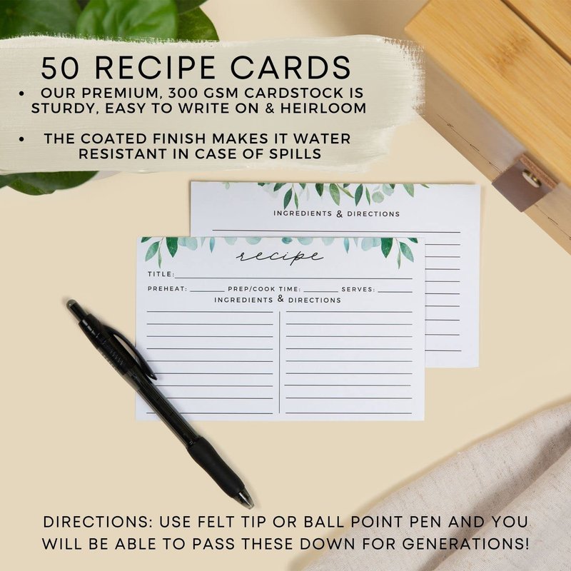 Pera Blanca Recipe Box with Cards and Dividers | Faux Leather Handle | 50 Eucalyptus Patterned Recipe Cards | Wooden Box | Housewarming Gift | 4x6